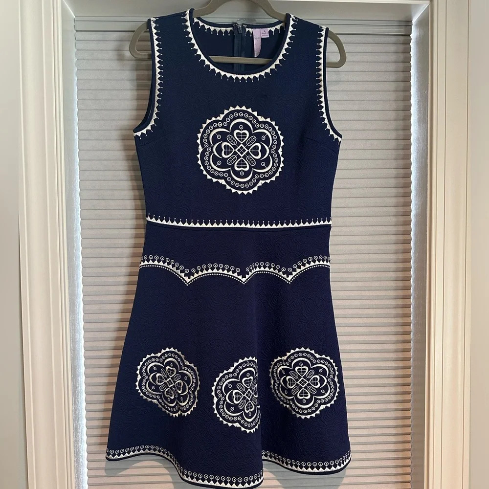 Blue A-line dress with white embroidery B-17